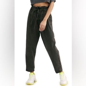 Free People Margate Womens Pants Large Washed Black Trouser Paperbag Tie Waist